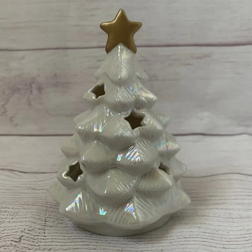 Vintage American Greetings White Iridescent Ceramic Christmas Tree Candle Holder